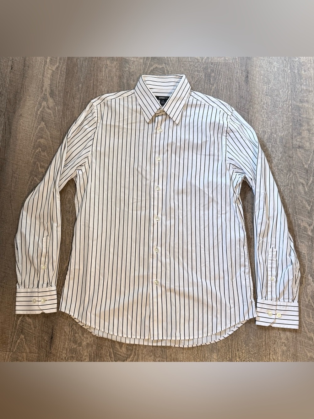 Express 1MX Modern Fit Stretch Dress Shirt White Black Stripe Mens Medium